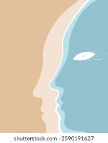 Abstract simple poster. Profile silhouette of a person’s face in the form of a seashore, beach, water. Vector graphics.