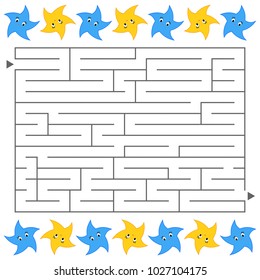 Abstract simple rectangular isolated labyrinth. Black color on a white background. An interesting game for children. Simple flat vector illustration. With lovely bright stars.
