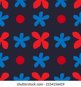 Resumen de flores simples rojas y azules. Patrón sin foco. Imagen vectorial. Diseño de tela, papel pintado.