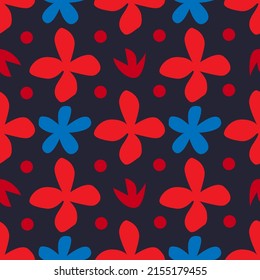 Abstract Simple Red And Blue Flowers. Seamless Pattern. Vector Image. Design For Fabric, Wallpaper.