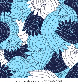 Abstract simple seamless background. Doodle composition in blue colours. Vector  pattern with spiral elements.