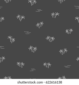 Abstract Simple Seamless Monochrome Trendy Tropical Palm Tree On Beach Pattern. Vector Graphic Exotic Floral Jungle Texture. Hawaiian Hand Drawn Summer Wallpaper Background