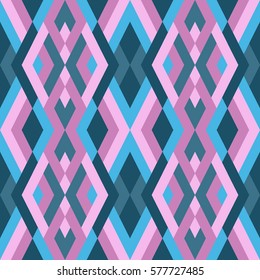 Abstract simple seamless pattern for design in green, white and blue colors. Vector geometric background of triangles. Texture for textile, clown, carpeting, warp, clothes