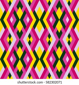 Abstract simple seamless pattern for design in green, yellow and fuchsia colors. Vector geometric background of triangles. Texture for textile, clown, carpeting, warp, clothes