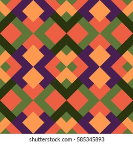 Abstract simple seamless pattern for design in orange, green and violet colors. Vector geometric background of triangles. Texture for textile, clown, carpeting, warp, clothes