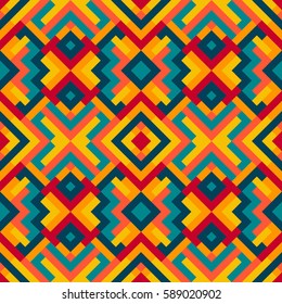 Abstract simple seamless pattern for design in orange, blue and red colors. Vector geometric background of triangles. Texture for textile, clown, carpeting, warp, clothes