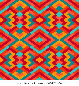 Abstract simple seamless pattern for design in red, blue and yellow colors. Vector geometric background of triangles. Texture for textile, clown, carpeting, warp, clothes