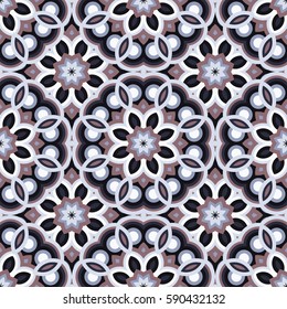 Abstract simple seamless pattern for design in blue, grey and  violet colors. Vector background with geometric flowers. Round texture for textile, clown, carpeting, warp, clothes