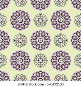 Abstract simple seamless pattern for design in violet and green colors. Vector background with geometric flowers. Round texture for textile, clown, carpeting, warp, clothes
