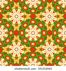 Abstract simple seamless pattern for design in yellow, red and green colors. Vector background with geometric flowers. Round texture for textile, clown, carpeting, warp, clothes