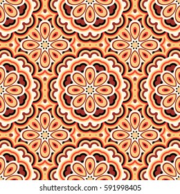 Abstract simple seamless pattern for design in  red and beige colors. Vector background with geometric flowers. Round colorful texture for textile, clown, carpeting, warp, clothes