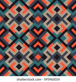 Abstract simple seamless pattern for design in blue, grey and orange colors. Vector geometric background of triangles. Texture for textile, clown, carpeting, warp, clothes