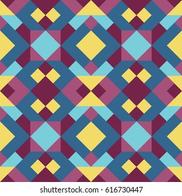 Abstract simple seamless pattern for design in blue, violet and yellow colors. Vector geometric background of triangles. Texture for textile, clown, carpeting, warp, clothes