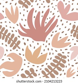 Abstract simple seamless pattern with primitive shapes and leaves. Hand drawn doodle illustrations on white background. For prints, backgrounds, wrapping paper, textile, linen, wallpaper, etc.