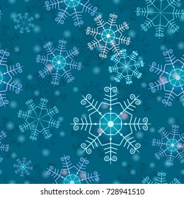Abstract simple seamless pattern with snowflakes. Winter texture. Christmas template. Blue background.