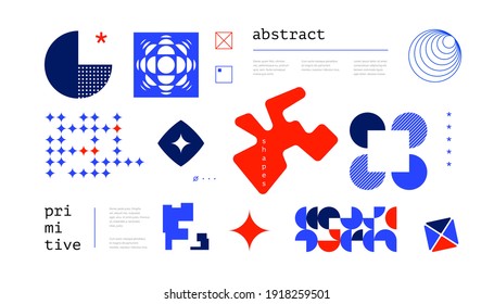 Abstract simple shapes. Bright geometric forms, contrast elements in red and blue colors. Minimal vector art poster