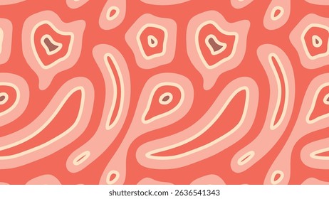 Abstract Simple Shapes Vector Seamless Pattern Fluid Organic Contour Lines Forming Topographic Symbols, Evokes Retro Modern Balance. Decorative Stylish Wallpaper, Wrapping, Textile. Flat Illustration