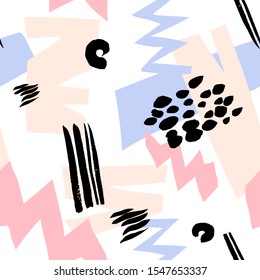 Abstract simple shapes, zigzags and lines, brush strokes vector pattern. Blue, red, beige, black and white.