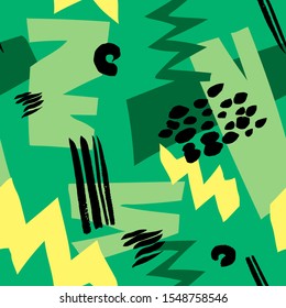 Abstract simple shapes, zigzags and lines, brush strokes vector pattern. Green background.