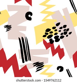 Abstract simple shapes, zigzags and lines, brush strokes vector pattern. Yellow, red, beige, black and white.