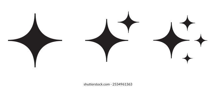 Abstrakte einfache funkelnde Stern Vektor Symbol Set schwarze Silhouette einzeln auf transparentem Hintergrund.