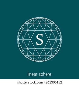 Abstract simple sphere covered by triangles in hipster style with letter S. Outline vector orb