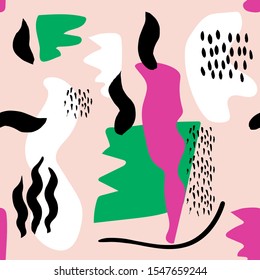 Abstract simple spots and lines, shapes and brush stroke, mess dots vector pattern. Green, pink, beige, white, black colors.
