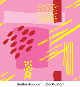 Abstract simple spots and lines, shapes and brush stroke vector pattern. Pink and yellow background.