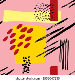 Abstract simple spots and lines, shapes and brush stroke vector pattern. Peachy, yellow, red, black colors.