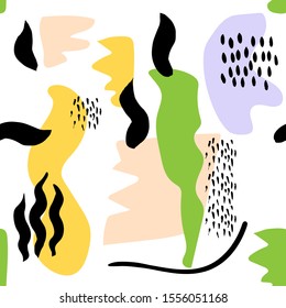 Abstract simple spots and lines, shapes and brush stroke, mess dots vector pattern. Green, yellow, beige, white, black.