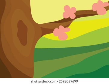 Abstract, simple spring background. Cherry, peach, apple, sakura blossom tree. Blossom flowers , green mountain, field landscape. Geometrical shapes.Web banner, sunny day, relax . Vector illustration