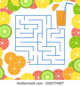 Abstract simple square isolated labyrinth. Blue color on a white background. An interesting game for children. Find the way from fruit to juice. Simple flat vector illustration.