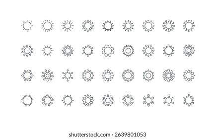 Abstract simple sunshine ornament of hot sun in sky thin black and red symbols vector illustration. Sun with circle frame, curve and triangle, heart and curl, flourish and twirl rays line icon set
