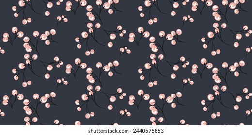 Abstract simple tiny branches with shapes berries, dots seamless pattern on a dark background. Vector hand drawn sketch. Minimalist botanical illustration printing. Collage for designs, patterned
