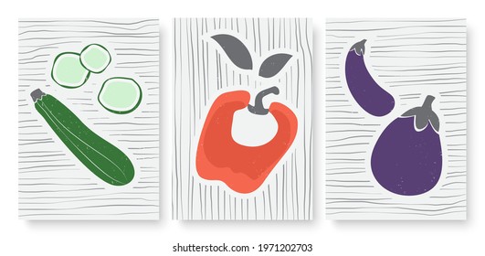 Abstract simple trendy minimal vegetables vector illustration set. Minimalist eggplant zucchini pepper on gray background with hand drawn thin lines, vertical modern template for social media stories
