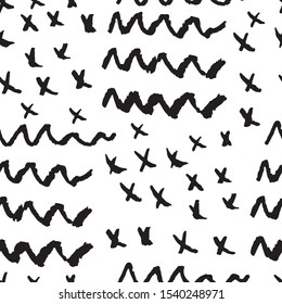 Abstract simple trendy seamless pattern.  Black and white.  Brush strokes, lines and small crosses, hand drawn in doodle style, hand made print. Modern textile, packaging, wrapping paper. 