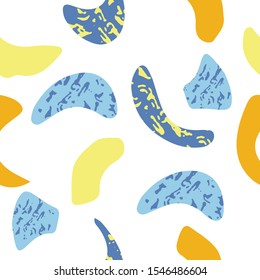Abstract simple trendy seamless pattern.  Colourful geometric shapes.  Orange, blue, lemon, yellow. Strokes, different spots, hand drawn in doodle style. Modern textile, packaging, wrapping paper.