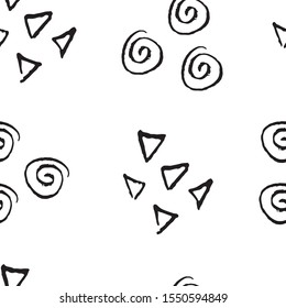 Abstract simple trendy seamless pattern.  Black and white geometric print.  Spiral lines, drawn triangles, hand drawn in doodle style. Modern textile, packaging, wrapping paper.