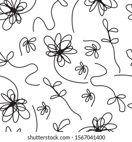 Abstract simple trendy seamless pattern.  Black and white floral print in one line style. Drawn different blossom flowers. Modern textile, packaging, wrapping paper, fabric, fashion.