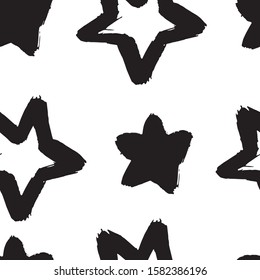Abstract simple trendy seamless pattern. Black and white. Brush strokes, stars shape, hand drawn in doodle style. Monochrome print. Modern textile, packaging, wrapping paper.
