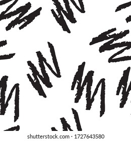 Abstract simple trendy seamless pattern.  Black and white.  Brush strokes, hand drawn in doodle style. Modern textile, packaging, wrapping paper.
