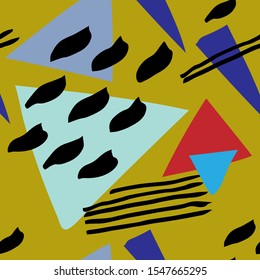 Abstract simple triangles and lines, shapes and brush stroke vector pattern. Blue, mint, red, black, black colors.