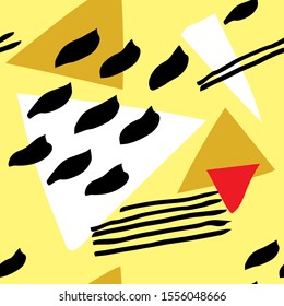 Abstract simple triangles and lines, shapes and brush stroke vector pattern. Yellow background.