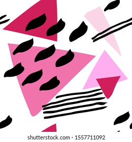 Abstract simple triangles and lines, shapes and brush stroke vector pattern. Pink, white, black colors.