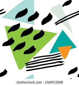 Abstract simple triangles and lines, shapes and brush stroke vector pattern. Mint green, orange, white, black colors.