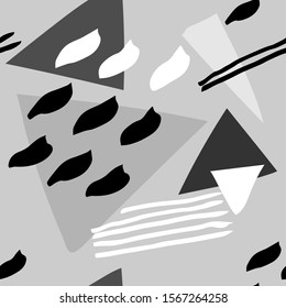 Abstract simple triangles and lines, shapes and brush stroke vector pattern. Monochrome background.