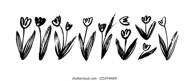 Abstract simple tulips isolated on white background. Brush drawn vector tulips with leaves. Sketchy style floral silhouettes clip arts. Childish drawing of spring flowers. Black and white illustration