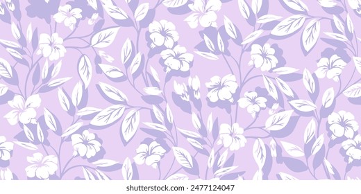 Abstract simple violet branches with shapes wild flowers, leaves seamless pattern. Pastel purple silhouettes floral stems printing. Vector hand drawing. Nature ornament for textile, fabric, wallpaper