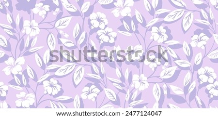 Abstract simple violet branches with shapes wild flowers, leaves seamless pattern. Pastel purple silhouettes floral stems printing. Vector hand drawing. Nature ornament for textile, fabric, wallpaper