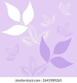 Abstract simple white and purple branches with leaves. Vector pattern ornament for textiles, fabrics, wallpaper.